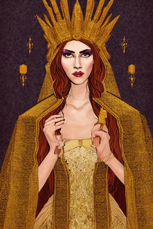 Image similar to Portrait of historically accurate, ancient biblical, sultry, sneering, evil, pagan, wicked, queen jezebel, wearing gilded robes, long hair, intricate, elegant, highly detailed, masterpiece, illustration, art Russian Cubism, highly detailed, trending on artstation, award winning