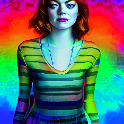 Image similar to surreal Emma Stone covered in chromatic distortions standing in mysterious place, beautiful, psychedelic, lsd, trending on artstation, artwork by Hughes, Edward Robert