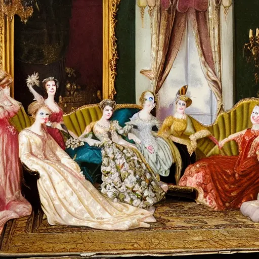 Prompt: a social gathering with major noblewomen wearing extravagant dresses, reclining on feather pillows, sipping tea and gossiping while eating lemon cakes.