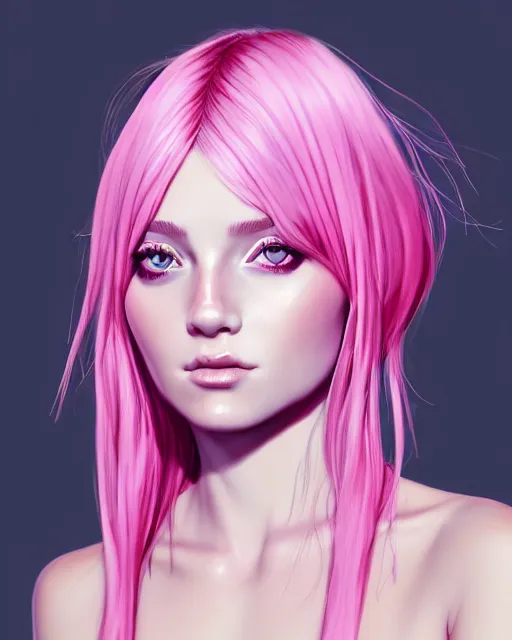 Prompt: portrait of beautiful girl with pink hair, low cut dress, boho chic. symmetry face, fine details. realistic shaded lighting, by sakimichan, kidmo, trending on pixiv, trending on artstation