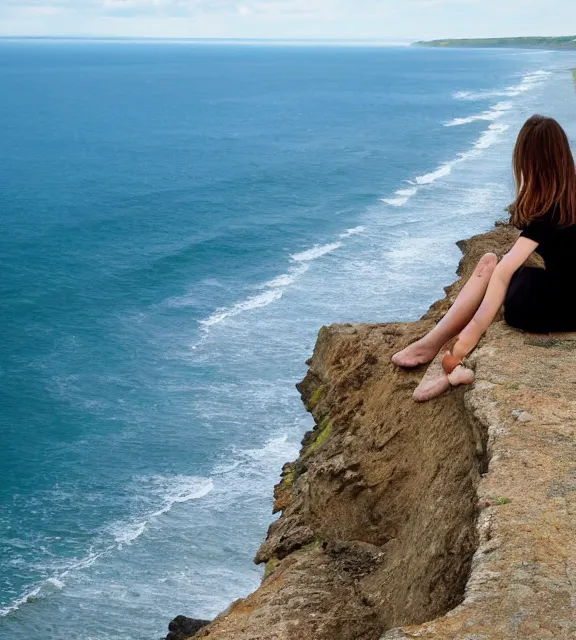 Image similar to a girl sitting on a cliff overlooking the beach, realistic photo, 4 k