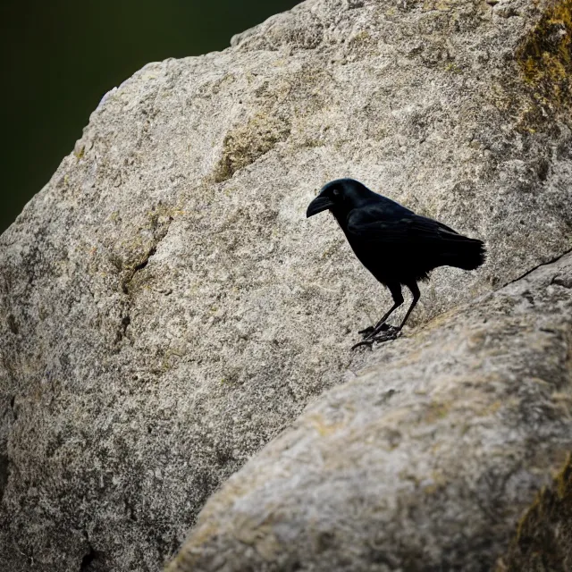 Image similar to crow on a rock, nature photography, wildlife photography canon, sony, nikon, olympus, 4 k, hd, telephoto, award winning, depth of field, golden hour