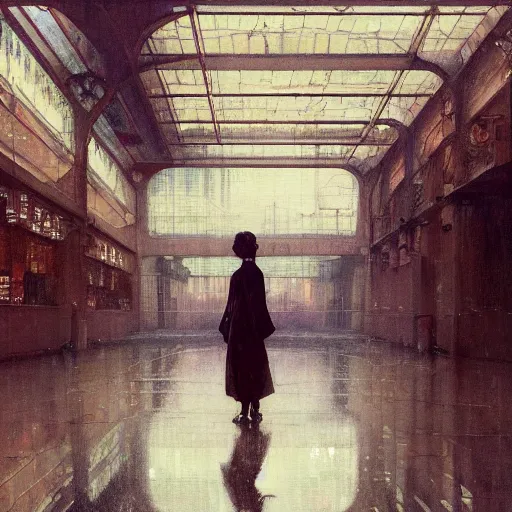 Image similar to detailed portrait of a woman, moment, cyberpunk cloisters, electronic billboards, tech noir, wet reflections, atmospheric, ambient, wlop, livia prima, greg rutkowski, george tooker, gil elvgren, norman rockwell, alexis flower, hopper, mucha, whistler, norman rockwell, peter max,