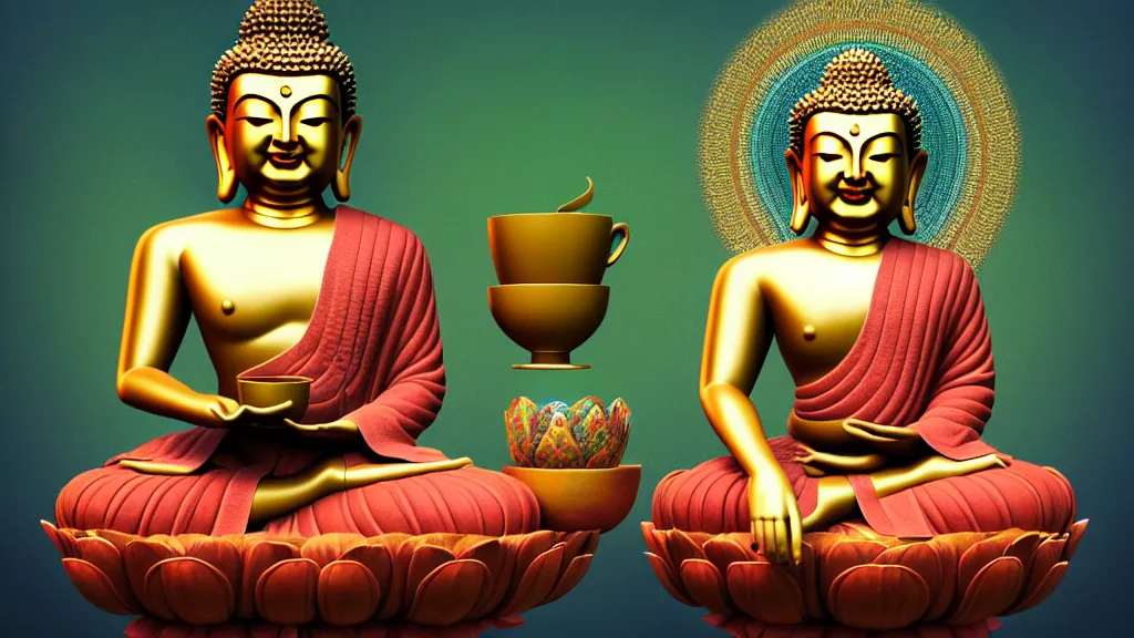 Prompt: a hyperdetailed painting of a happy buddha sitting on a lotus, one hand on his knee and the other hand holding a giant cup of coffee, ambient occlusion, 3 d model, quantum fractals, magic realism inspired by psychadelia and ancient architecture of thailand, trending on artstation,