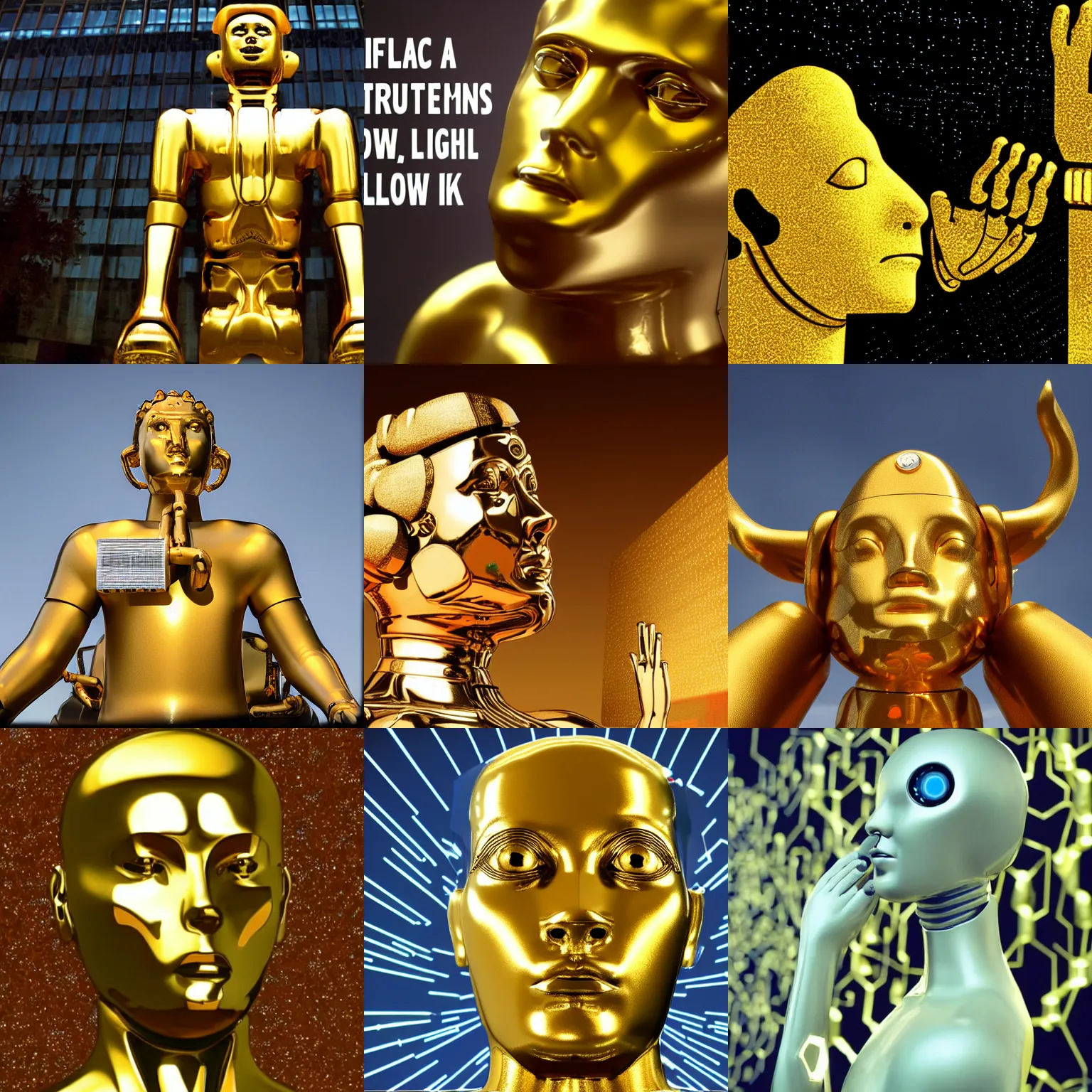 Prompt: artificial intelligence, the new golden calf idol is high, humans on their knees are low