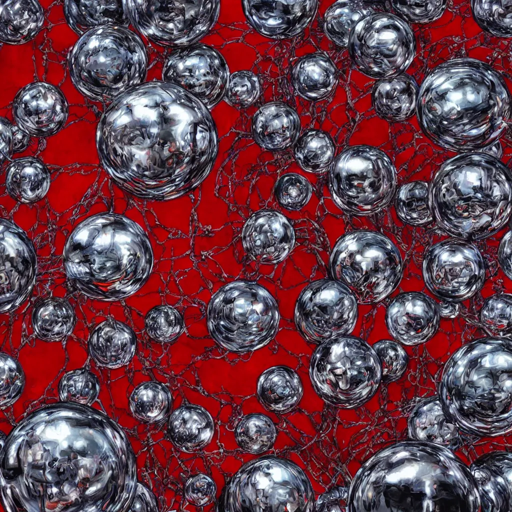 Image similar to chrome spheres on a red cube by ayami kojima