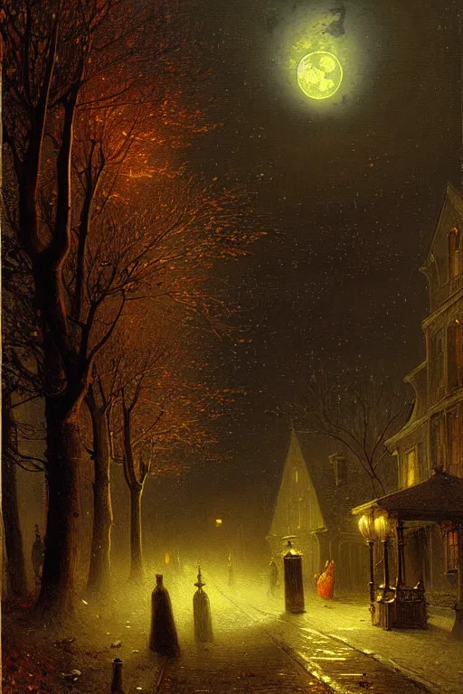 Image similar to detailed painting of a victorian living capsule architecture, spooky night scene, moon stars, autumn trees, street lights, filigree ornaments, andreas achenbach