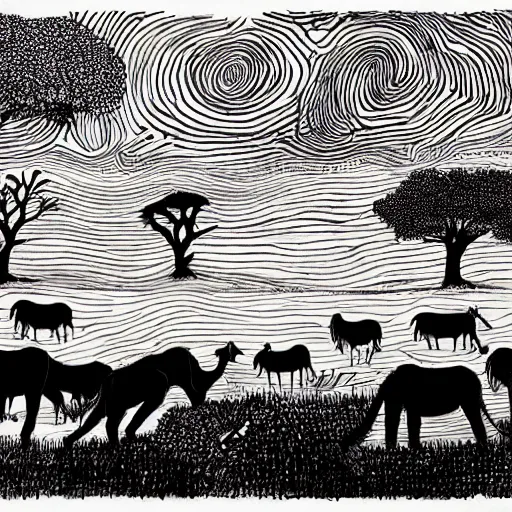 Image similar to quentin blake, mcbess illustration of a safari at sunset