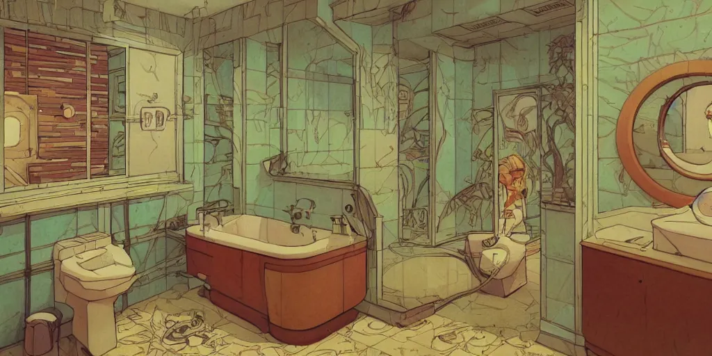 Prompt: bathroom interior, vaporwave, lofi, detailed, loish, trends in artstation by moebius,