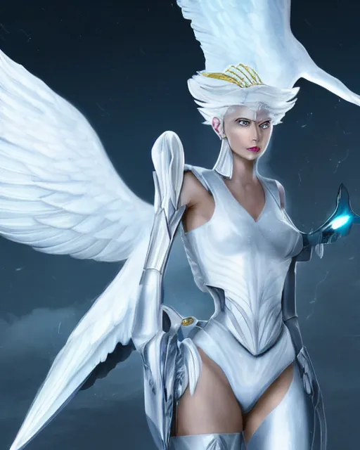 Image similar to perfect white haired attractive egyptian goddess with huge white dove wings, warframe armor, beautiful, symmetric, charlize theron, half asian, pretty face, blue eyes, cyborg, scifi platform, laboratory, experiment, 4 k, ultra realistic, epic lighting, android body, illuminated, cinematic, masterpiece, art by akihito tsukushi, voidstar