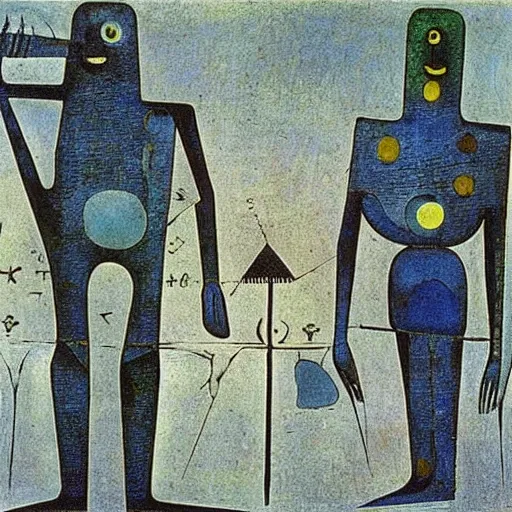 Image similar to Two mechanical beings in a deep conversation. Dali. Paul Klee.