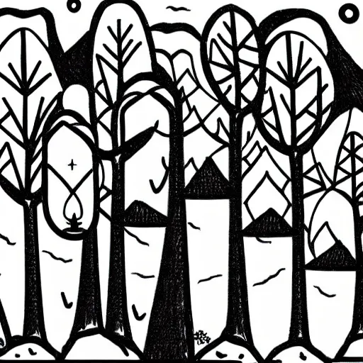 Image similar to simple line art tattoo design of a campsite, tent, trees, moon, fire, zaya, mük Jung