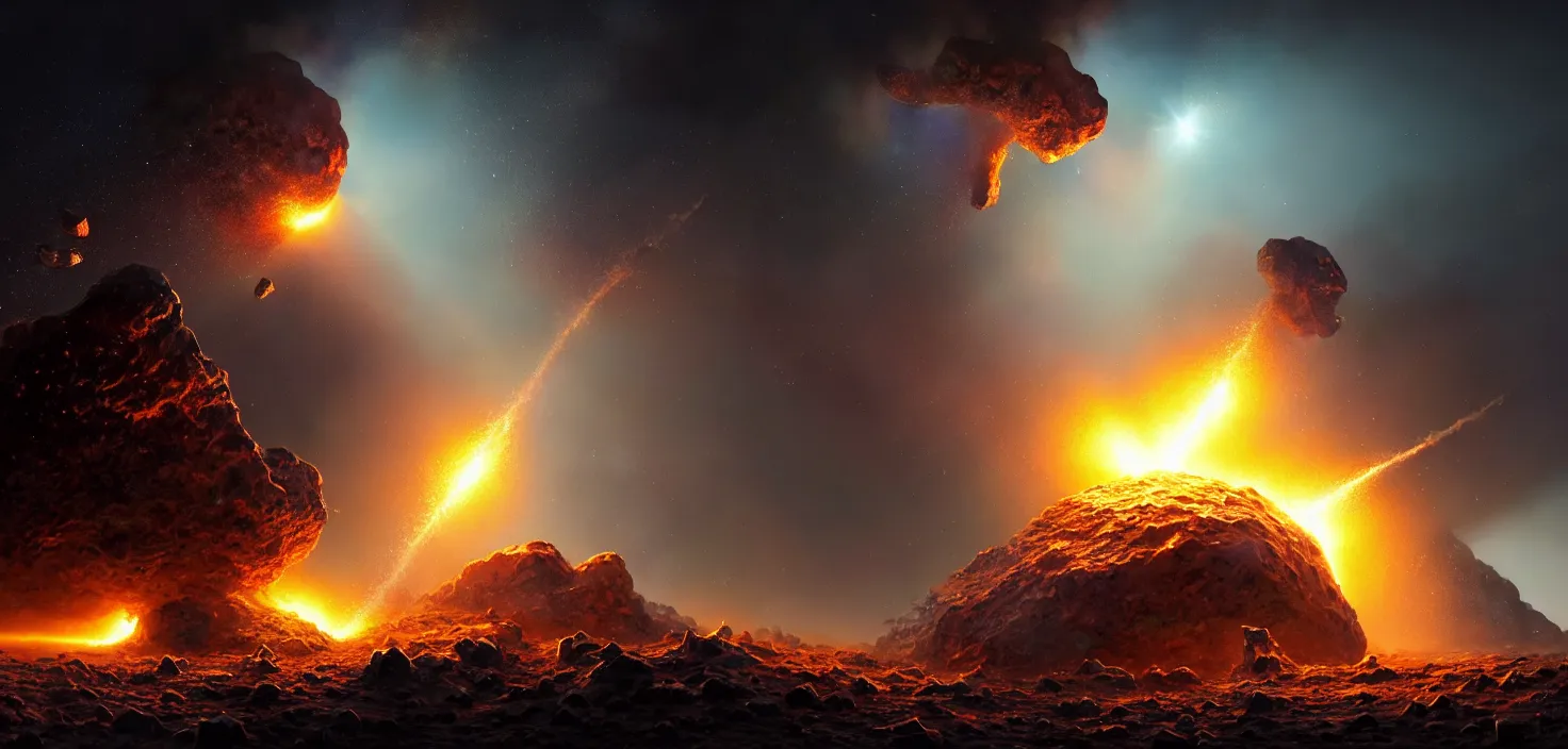 Prompt: The fall of a large asteroid to earth and an explosion, sparks from the collision of a meteorite on the ground, an explosive wave, detailed, concept art, low angle, high detail, warm lighting, volumetric, godrays, vivid, beautiful, trending on artstation, by Jordan grimmer, huge scene, grass, art greg rutkowski