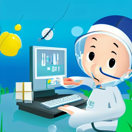 Image similar to A dolphin wearing a chemist outfit, playing games on a computer