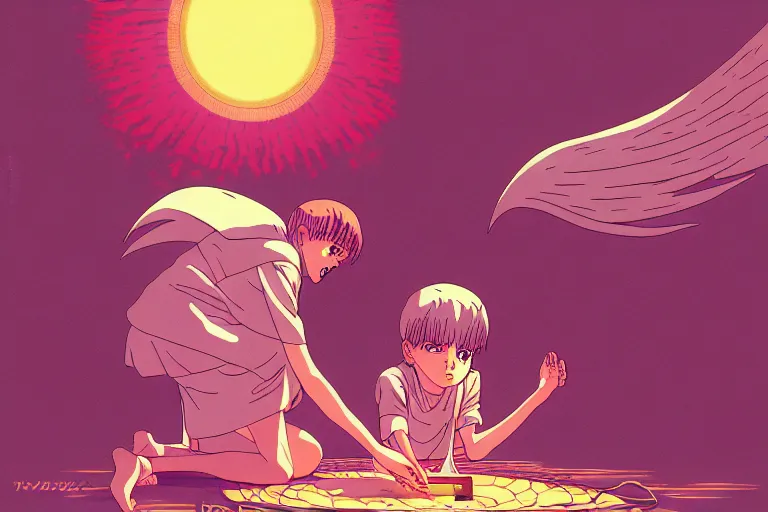 Image similar to digital illustration of a horrified child performing a ritual to summon a powerful demon, clean lines, extreme detail, cel - shaded anime key visual in the style of moebius, ayami kojima, 9 0's anime, retro fantasy, studio ghibli, studio trigger