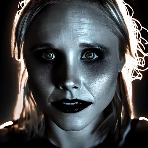 Image similar to Kristen Bell as a demon in heaven, grungy, unkept hair, glowing eyes, modelsociety, radiant skin, huge anime eyes, RTX on, bright on black, dramatic, studio lighting, perfect face, intricate, Sony a7R IV, symmetric balance, polarizing filter, Photolab, Lightroom, 4K, Dolby Vision, Photography Award