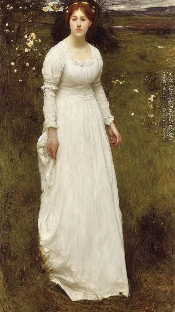 Prompt: portrait of a woman in a white dress, Ophelia , painted by John Everett Millais, full length photo.