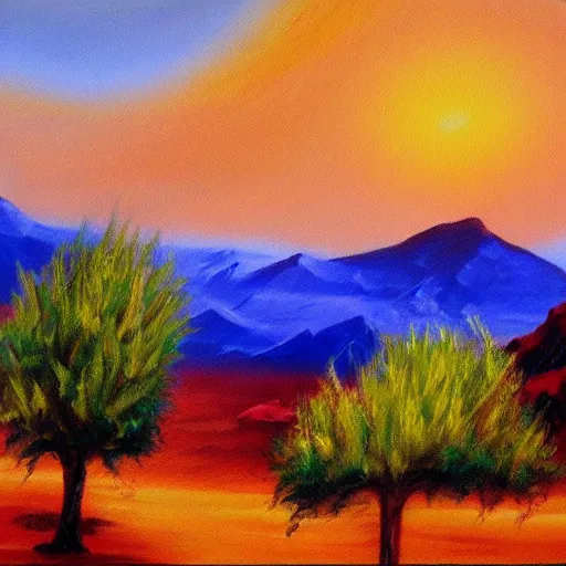Image similar to a painting of a landscape in the desert by bob ross