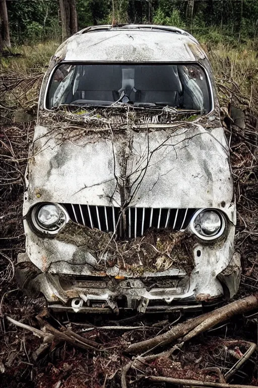 Image similar to “Miserable old Skoda Octavia Combi dirty and broken in a depressing dead forest”