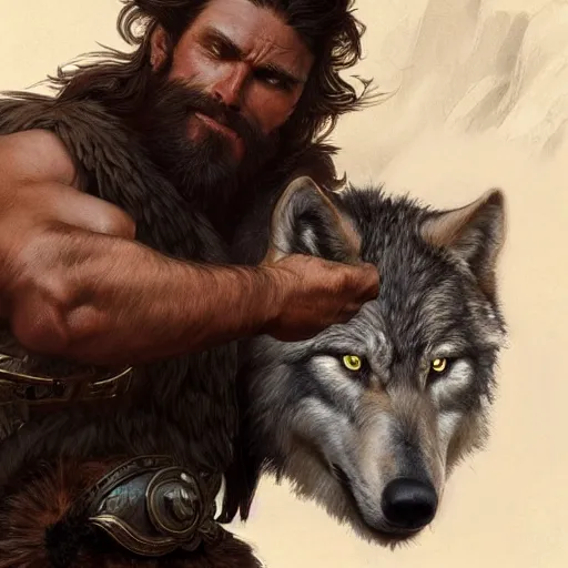 Image similar to portrait of a gruff ranger with wolf companion, muscular, upper body, hairy body, D&D, fantasy, intricate, elegant, highly detailed, digital painting, artstation, concept art, matte, sharp focus, illustration, art by Artgerm and Greg Rutkowski and Alphonse Mucha