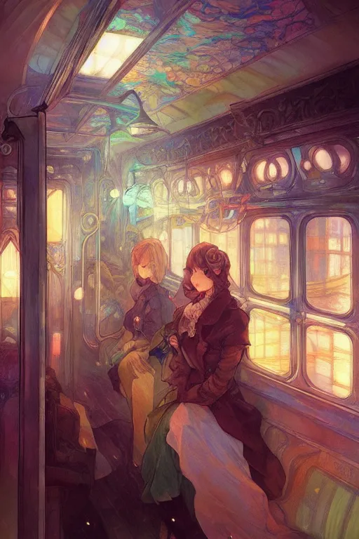 Image similar to inside the train, night, lamplight, shimmering and prismatic, rococo, by krenz cushart and mucha and monet, trending on artstation.