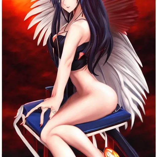 Image similar to 8K photorealistic Portrait of Kuroka Toujou of Highschool DxD, sitting on a chair, wide open dragon wings, intricate, whole body, highly detailed, digital painting, artstation, concept art, smooth, sharp focus, illustration, art by Hajime Sorayama