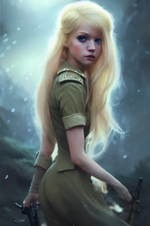 Image similar to cinematic shot of an epic portrait of a cute blonde fairy dressed in military clothes, stylised military clothes, shiny skin, beautiful eyes, beautiful, small details, night setting, realistic poster with volumetric light from craig mallism, artgerm, jeremy lipkin and michael garmash, unreal engine, radiant light, digital art, trends at art station, a masterpiece