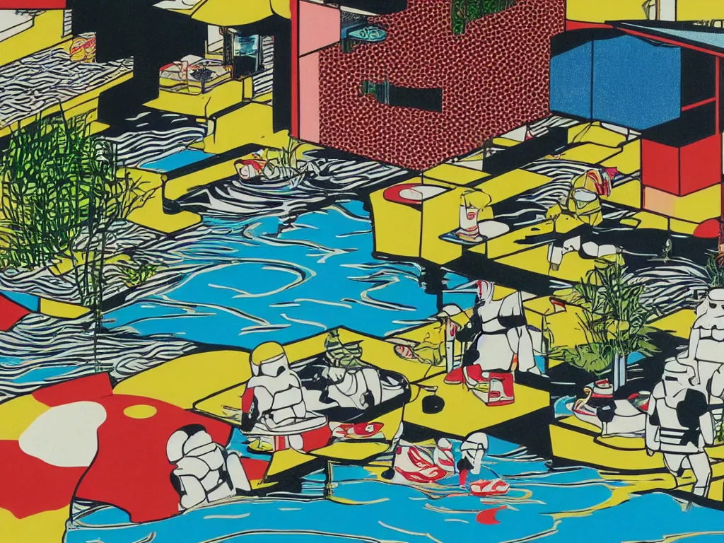 Prompt: close - up image of a japanese house with a pond, stormtroopers sitting around it, in style of pop - art, andy warhol, roy lichtenstein, jackie tsai, bright palette, acrylic on canvas