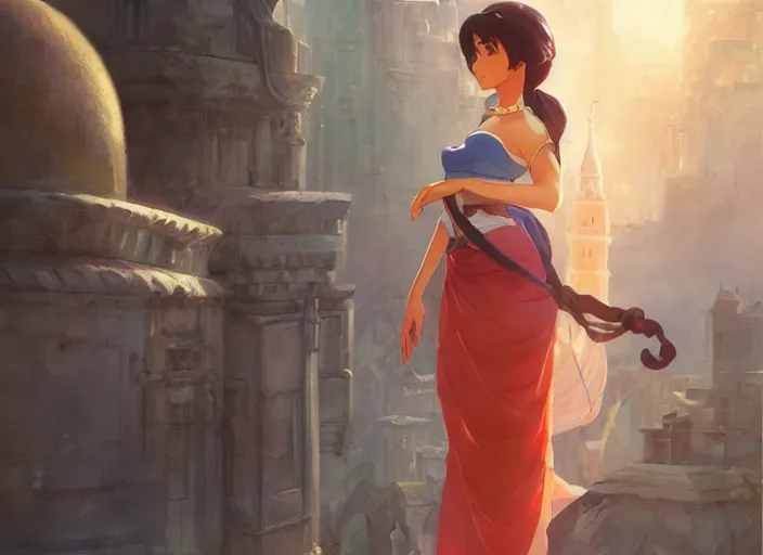 Prompt: full body portrait character concept art, oil painting anime key visual of princess jasmine, studio lighting delicate features finely detailed perfect face directed gaze, at an ancient city, gapmoe yandere grimdark, trending on pixiv fanbox, painted by greg rutkowski makoto shinkai takashi takeuchi studio ghibli