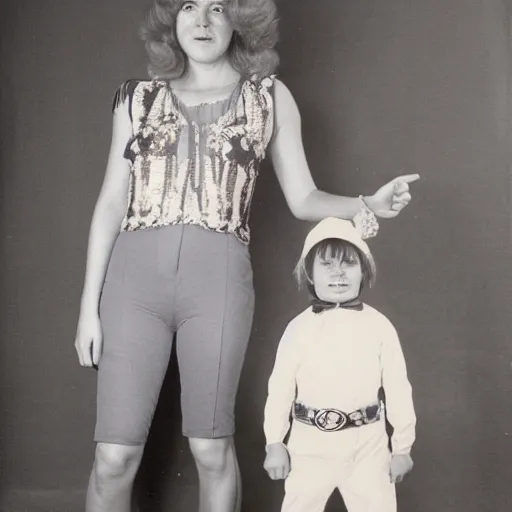 Image similar to a vintage 1 9 7 0 s photograph of a mother and her son posing in fancy dress. this is a professional photograph taken in a photographer's studio.