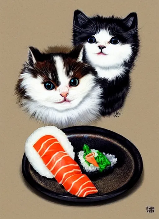 Image similar to clear photorealistic picture of adorable cats made out of sushi