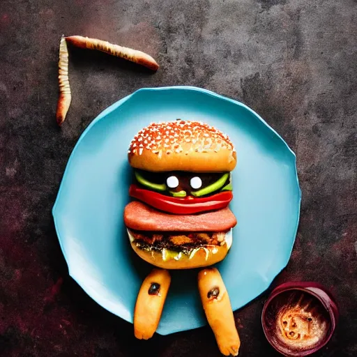 Image similar to a humanoid bipedal upright zombie that strongly resembles a hamburger, professional food photography