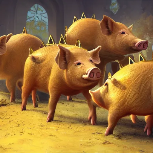 Image similar to an epic painting of the team of pigs wearing gold crowns, oil on canvas, golden hour, perfect composition, golden ratio, beautiful detailed, photorealistic, digital painting, artstation, concept art, smooth, sharp focus, illustration, fantasy background, artstation trending, octane render, unreal engine