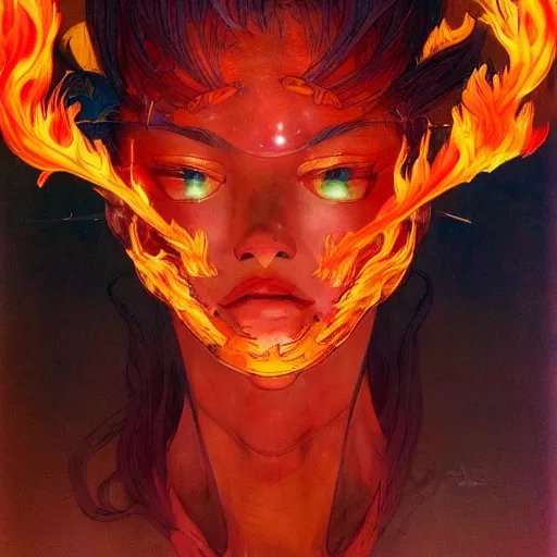 Prompt: prompt : flames portrait soft light painted by james jean and katsuhiro otomo and erik jones, inspired by evangeleon anime, smooth face feature, intricate oil painting, high detail illustration, sharp high detail, manga and anime 1 9 9 9