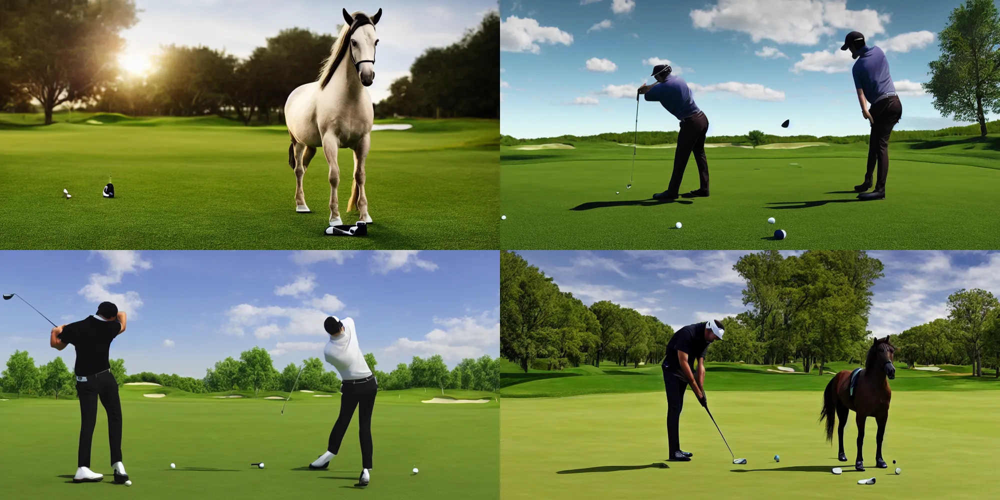 Prompt: medium shot of a horse playing golf in the golf course alone, hyper realistic, 4k