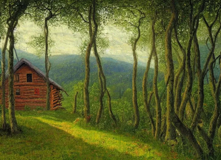 Image similar to impressionistic painting of log cabin on a hill in the woods, the cabin is overgrown with lush vines and moss, painted by johfra bosschart, featured on artstation, plein air, artstation hd, painterly