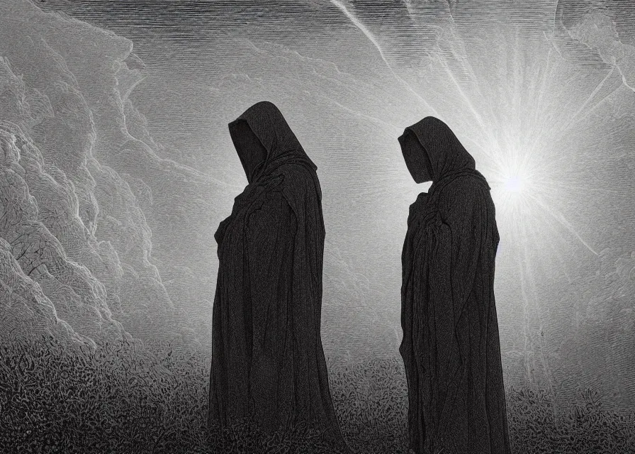 Prompt: a hooded figure in a black robe standing in a flower meadow while bright light beam is emmited from the sky onto him, flower meadow landsape in dark pits of a canyon, illustration by Gustave Dore, 18th century drawing , black and white, highly detailed, 4k, concept art, artstation