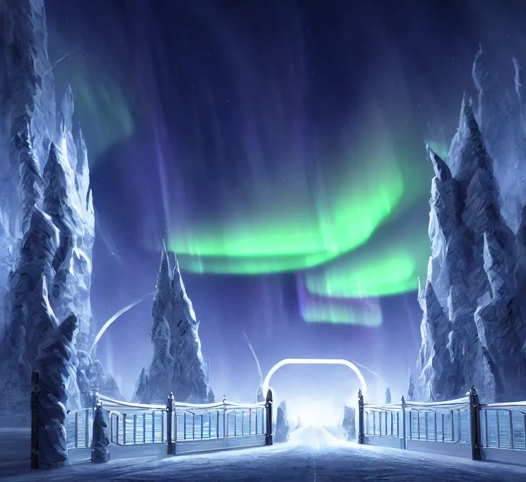 Prompt: a very detailed concept art of intricate and modern white gates to aurora borealis infused with magic, dynamic lighting trending on artstation, symmetry, digital art, 4 k, hyper realistic, octane render, sharp focus