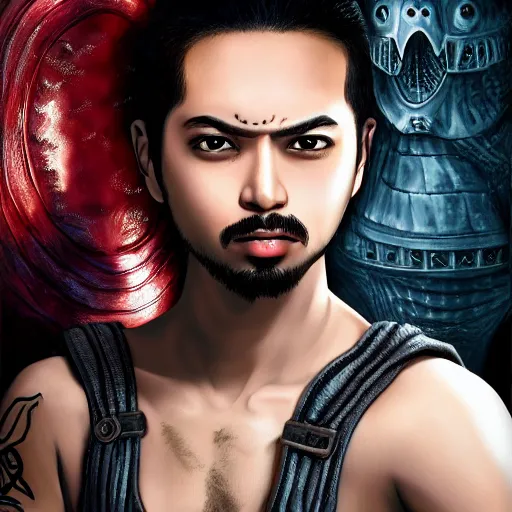 Prompt: anime of young hispanic man with facial hair, brown eyes, full body, reptile armor by akira toriyama hyper realistic, dark fantasy detailed, high definition insanely detailed, bitter wide angle lens dark lighting, moody lighting