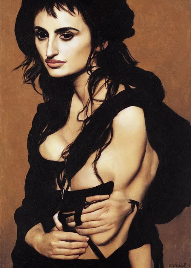 Image similar to portrait of penelope cruz, artwork by caravaggio