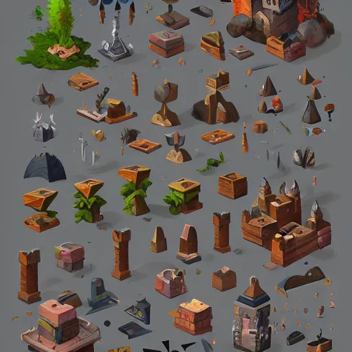 Prompt: Nine separated HD, 8k, props contaning trees, houses, box, treasures, bricks, castle, swords, and magic weapons from a game asset concept by Jen Zee, Rossdraws, James Jean, Andrei Riabovitchev, 2d side scrolling game , and Sakimichan, trending on artstation , assets