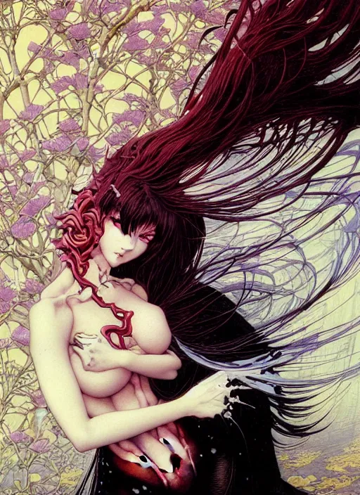 Prompt: realistic detailed image of a cute cat girl with black and white hair, anime key visual by Ayami Kojima, Amano, Karol Bak, Greg Hildebrandt, and Mark Brooks, Neo-Gothic, rich deep colors. art by Takato Yamamoto. masterpiece. Beksinski painting. still from 1993 movie by Terrence Malick and Gaspar Noe