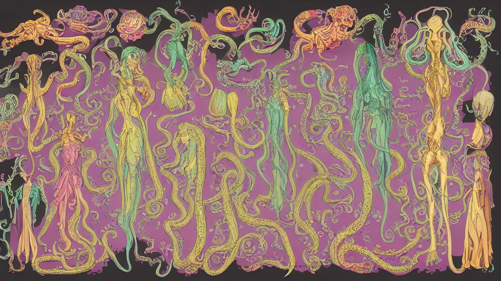 Image similar to highly detailed colorful character sheet for a stocky alien extraterrestrial victorian female servant maid with thick snake - like tentacles instead of hair, long dress with apron, mucha, ernst haeckle, jim henson creature shop, digital art, trending on artstation, hd, 8 k, good lighting, beautiful, rough paper, masterpiece