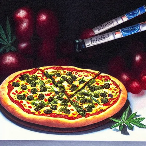 Prompt: Marijuana pizza, photorealistic painting