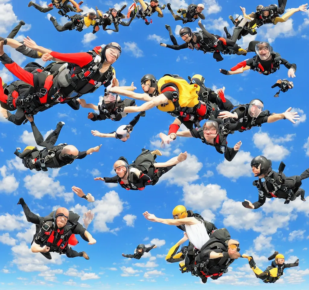 Image similar to many cats doing skydive from a big plane digital art, smooth, focus, highly detailed, hyper realistic