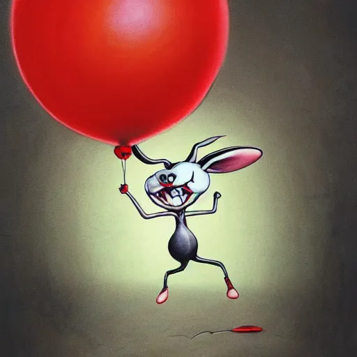 Image similar to scribble of bugs bunny with a wide smile and a red balloon by Zdzisław Beksiński, loony toons style, pennywise style, corpse bride style, creepy lighting, horror theme, detailed, elegant, intricate, conceptual,