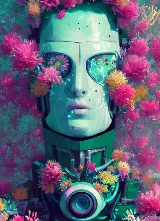 Prompt: closeup, underwater digital painting of a robot wearing a suit made of flowers, cyberpunk portrait by filip hodas, cgsociety, panfuturism, abstract expressionism, scribbles, made of flowers, dystopian art, vaporwave!!!!