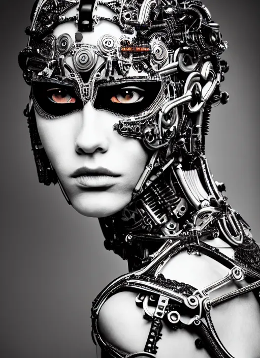 Image similar to a stunning young female crow - cyborg - human profile face, face is made intricate tribal bio - mechanical, editorial photography, bw, shot on 7 0 mm, depth of field, f / 2. 8, high contrast, 1 6 k, volumetric lighting, shiny, insanely detailed and intricate, hypermaximalist, elegant, ornate, hyper realistic, super detailed