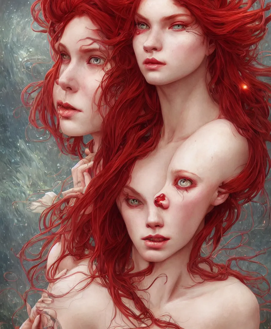 Image similar to Hyperrealistic close-up portrait of zombie mermaid young woman with red hair, alone, D&D, fantasy, intricate, elegant, highly detailed, digital painting, trending artstation, concept art, smooth, sharp focus, illustration, art by artgerm and greg rutkowski and alphonse mucha