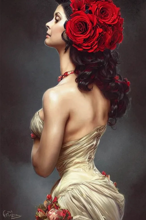 Image similar to Morena Baccarin dressed in a vaporous wrapped large victorian red roses silk semi-transparent dress fashion is running D&D, fantasy, intricate, elegant, highly detailed, digital painting, artstation, concept art, matte, sharp focus, illustration, art by Artgerm and Greg Rutkowski and Alphonse Mucha